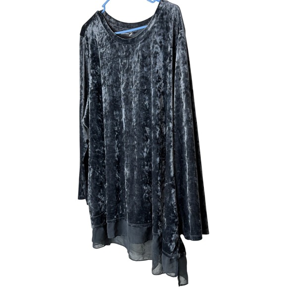 LOGO Lori Goldstein Crushed Velvet Long Sleeve Tunic Top 4X Charcoal Sheer Hem - Picture 5 of 13